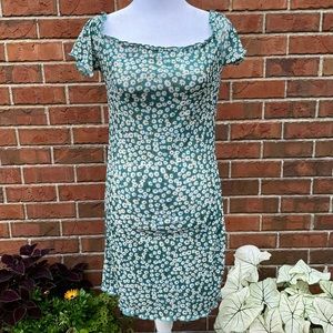 Teal Blue White Daisy Mini Dress Lettuce Hem Stretchy Ditzy Floral Women’s M